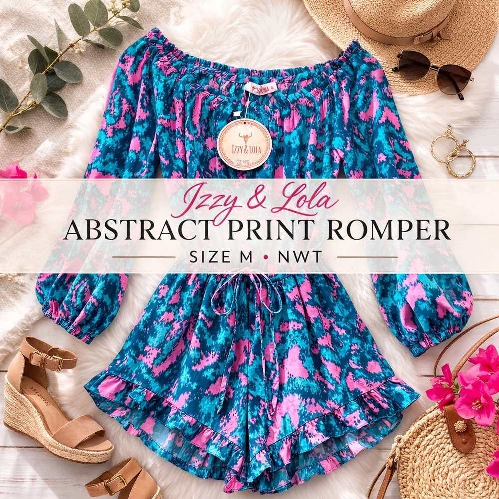 Izzy & Lola Teal Pink Abstract Print Romper Size M NWT